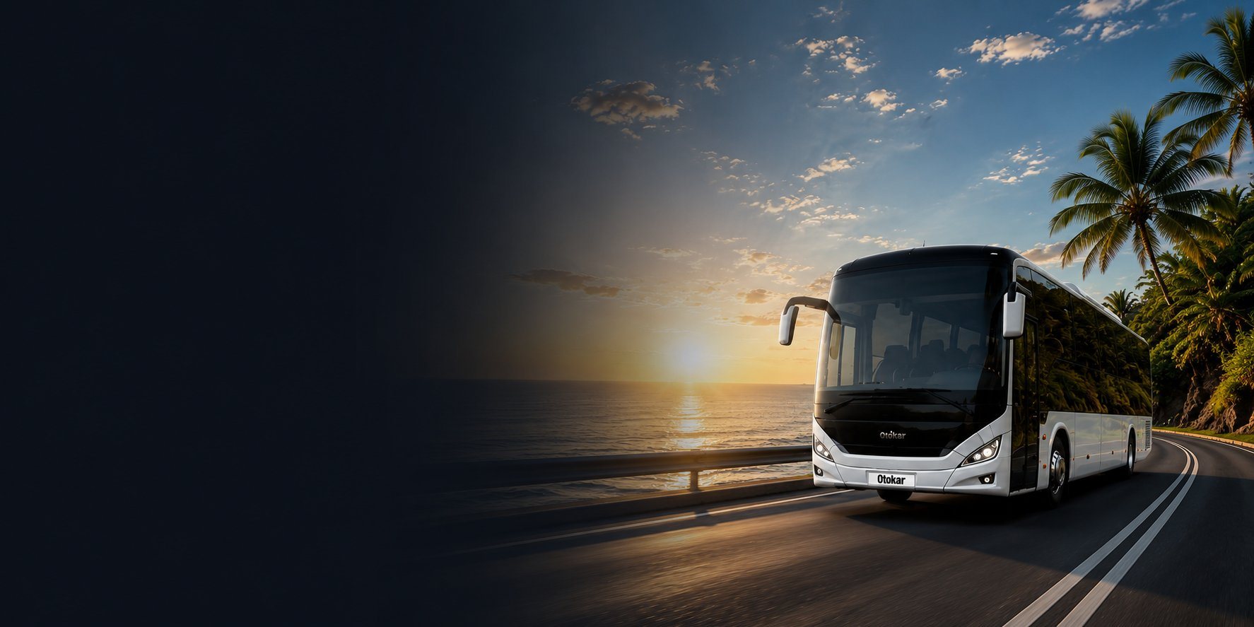 Autocar Otokar sur une route côtière de La Réunion au coucher du soleil